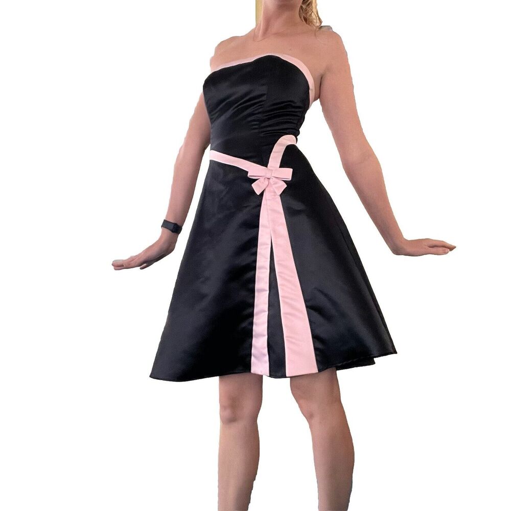 GUNNE SAX Jessica McClintock Retro Black Pink Bow Satin Strapless A Line Size 4